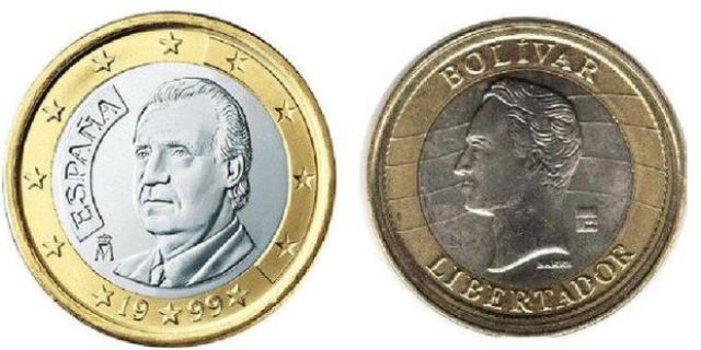 Compared side-by-side: The 1 Euro coin used in Spain and the 1 Bolívar Fuerte
